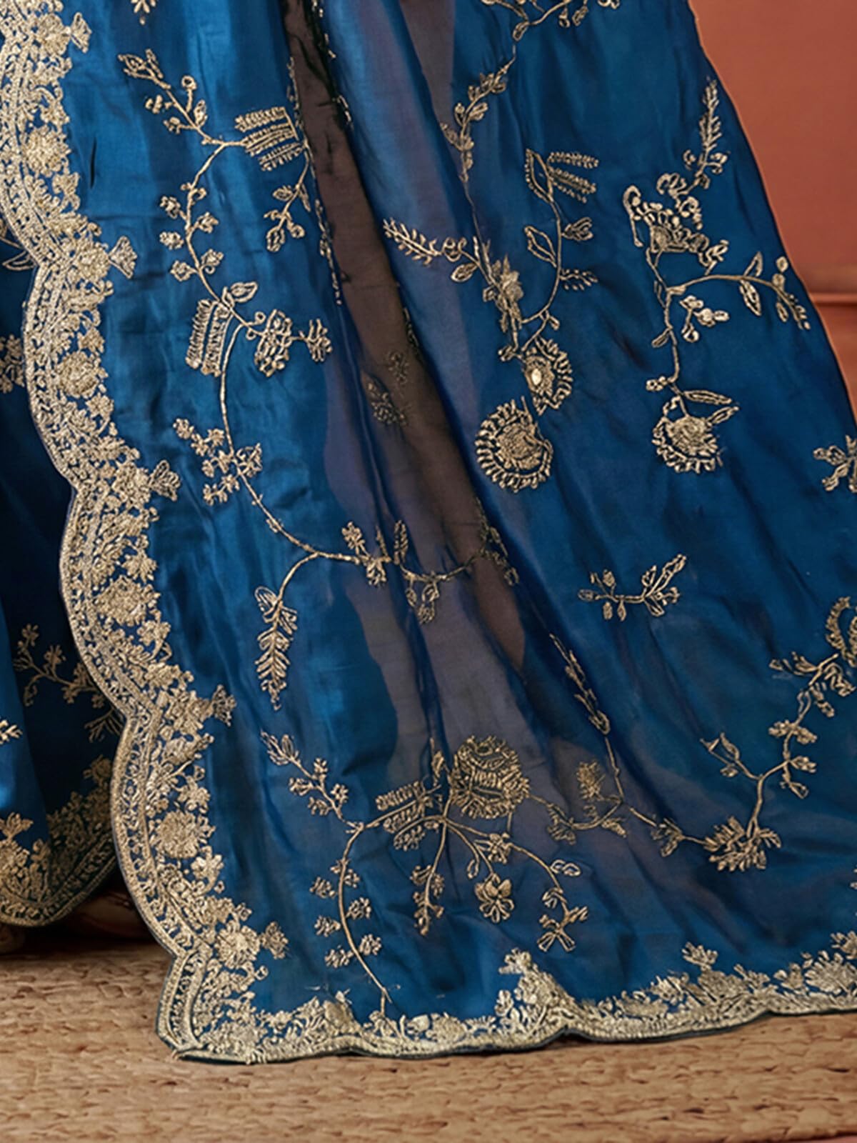 SIRIL Women's Satin Scalloped Border Embellished Sequins Embroidery Saree with Unstitched Blouse Piece (4858S171A_Teal Blue)