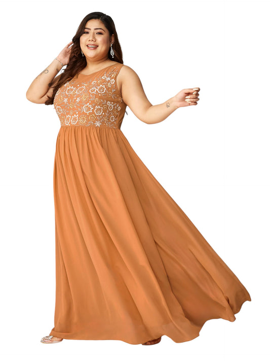 Miss Chase A+ Women's Boat Neck Sleeveless Embroidered Georgette Gathered Maxi Dress (APSS22D16-18-284-07, Dusty Orange, 2XL)
