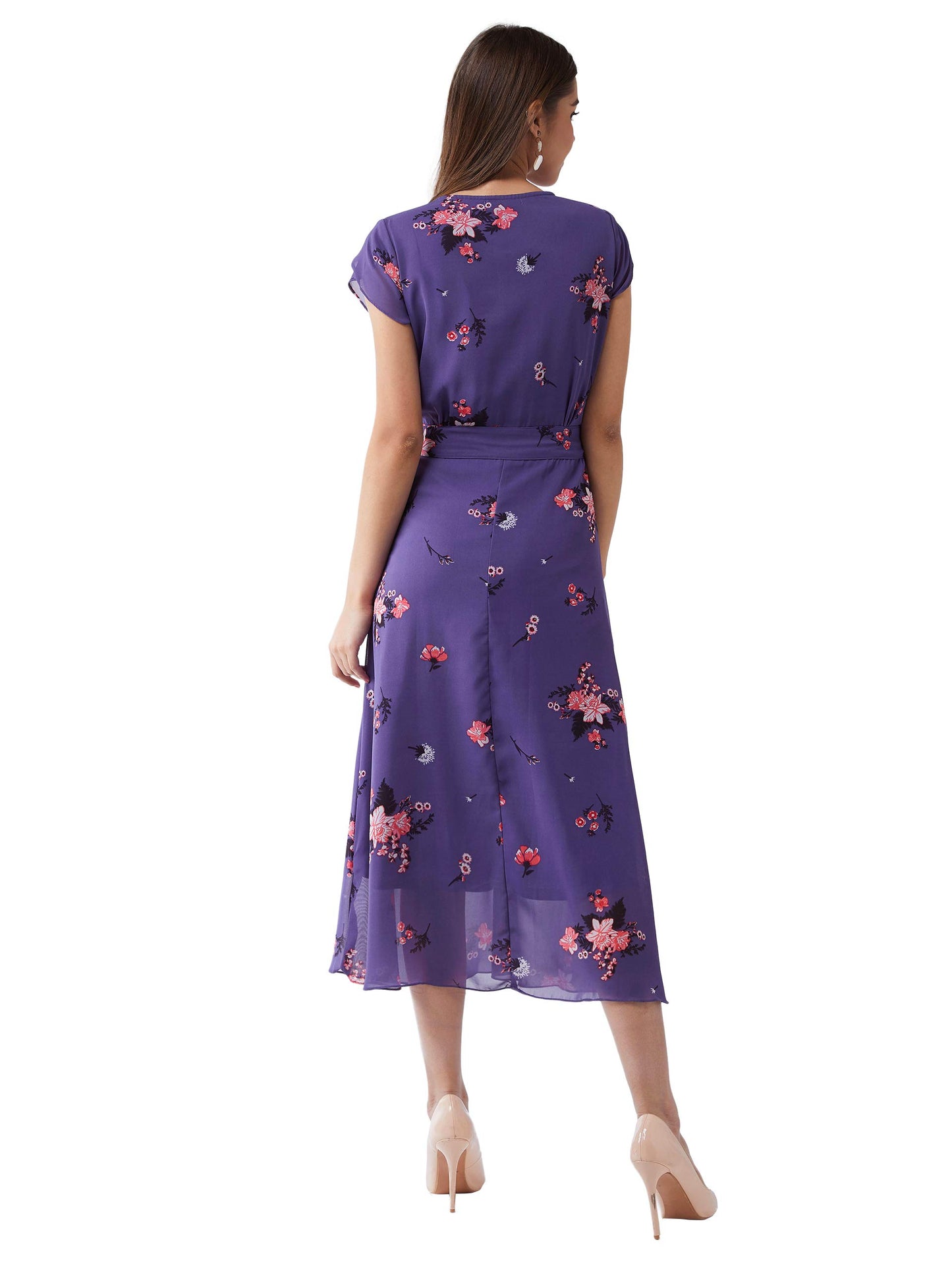 Miss Chase Women's Multicolored Base Lavender V-Neck Short Sleeved Floral Pleated Midi Dress (MCSS19D12-95-190-08, Multicolor-Base Purple, XXXL)