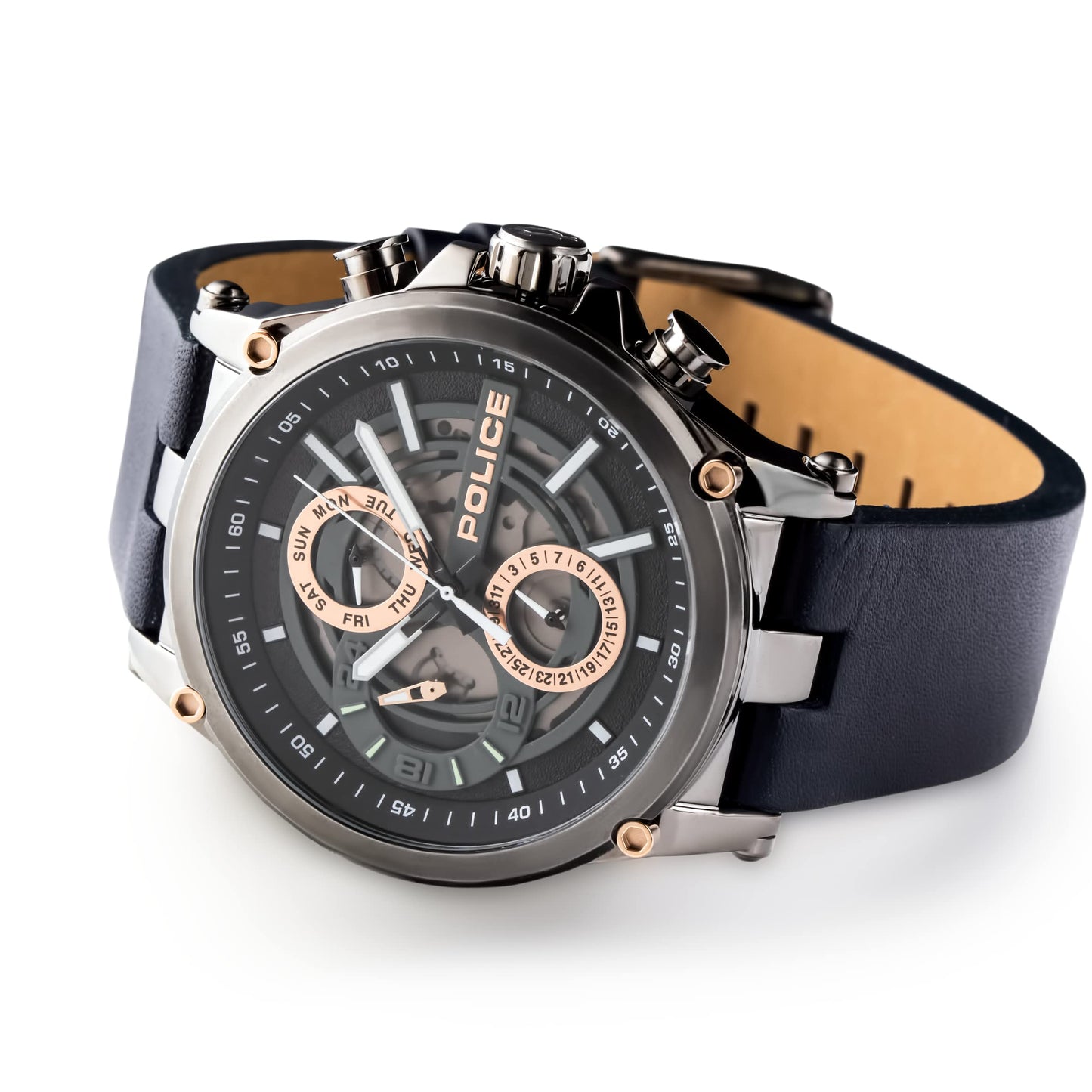 Police Quartz Multifunction Grey Dial Leather Strap Watch for Men-NEPLPEWJF2108602