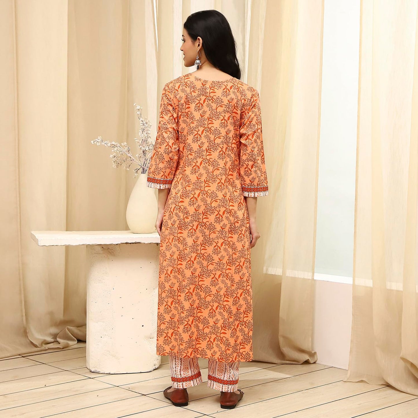BIBA Women Peach Cotton Screen Print Unstitched Suit Set_FREE SIZE