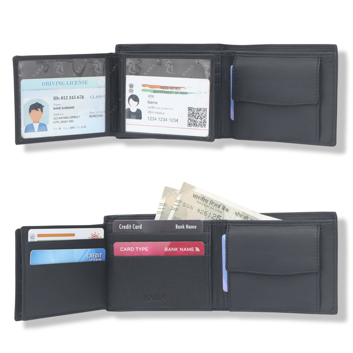 KARA Black Men's Leather Wallet - Bifold Genuine Leather - Purse Wallet for Men with 7 Visiting Cards Slots