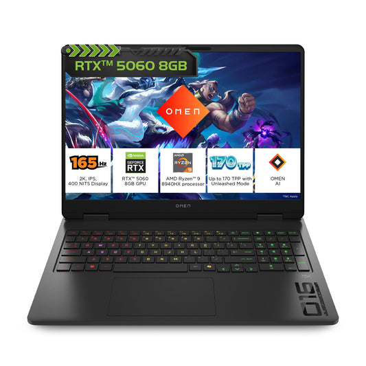 HP Omen, AMD Ryzen 9 8940HX, 8GB RTX 5060, 24GB DDR5(Upgradeable) 1TB SSD, 165Hz, 2k WUXGA, 3ms, 400 nits, 16''/40.6cm, Win11, M365* Office24, Black, 2.44kg, ap0181AX, Omen AI, RGB, AI Gaming Laptop