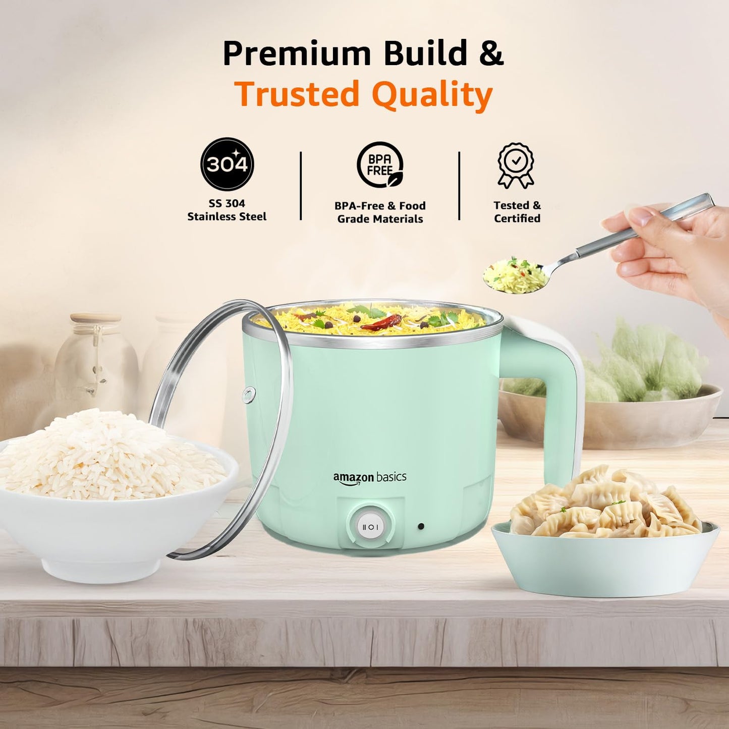 Amazon Basics Multi-Cook Pot Kettle 1.2L | Adjustable Power Modes 325 W and 650 W with 7 - Egg Tray and Steamer | SS 304 Steel | Automatic Overheat Protection | Multipurpose Cooking - Boil Water, tea, Noodles, Steam Rice