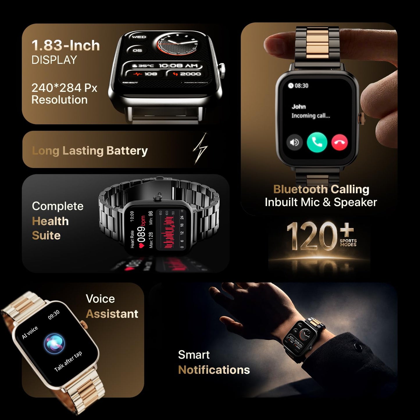 Fire-Boltt Ninja Blaze Smart Watch, Stainless Steel Strap & Steel Body, 1.83” Display Bluetooth Calling Built-in Mic & Speaker, 120+ Sports Modes, Smartwatch for Man and Woman Rose Quartz