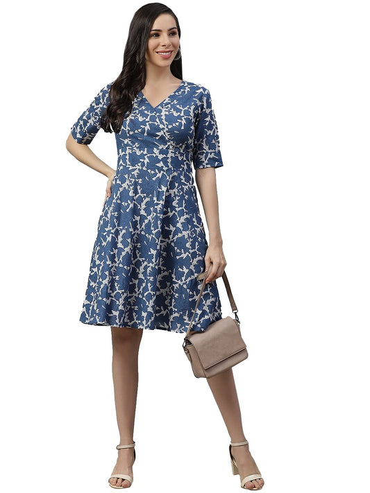 Divena Women's Cotton Fit and Flare Knee-Length Dress (Model_Number#1.Value_Blue