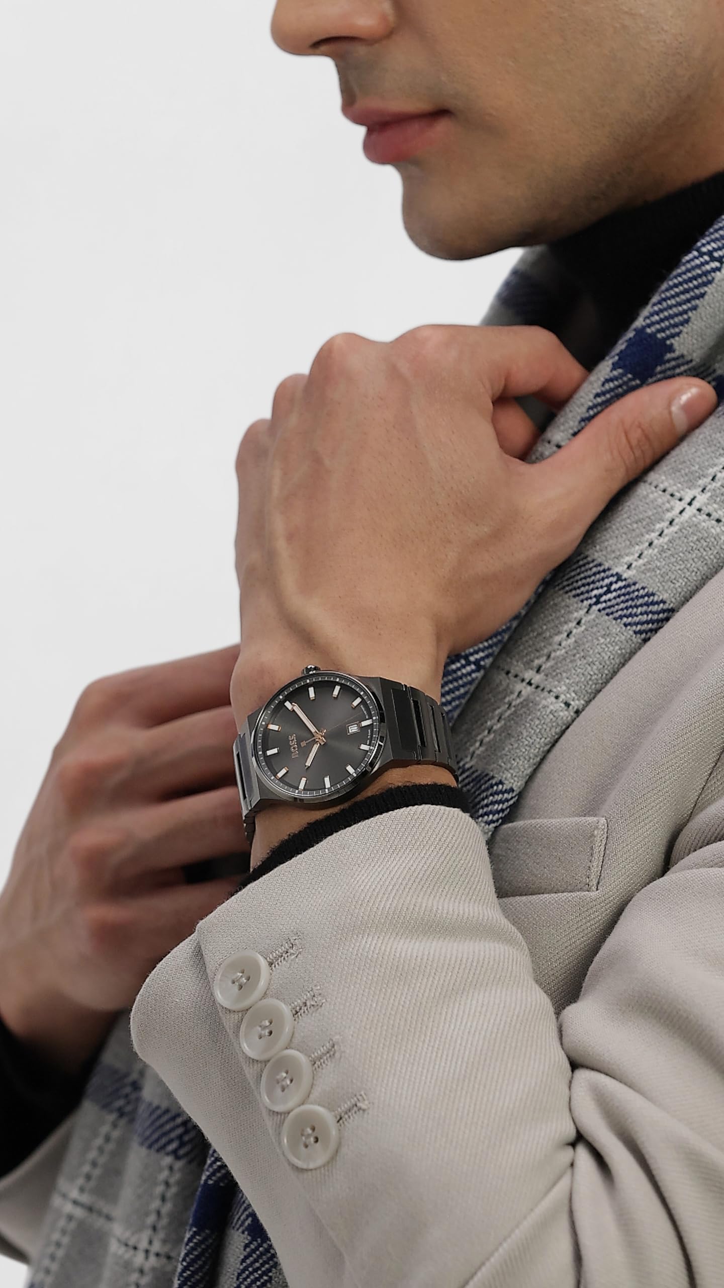 HUGO BOSS Mens Stainless Steel Analog Grey Dial Watch-1514078, Band Color:Gray