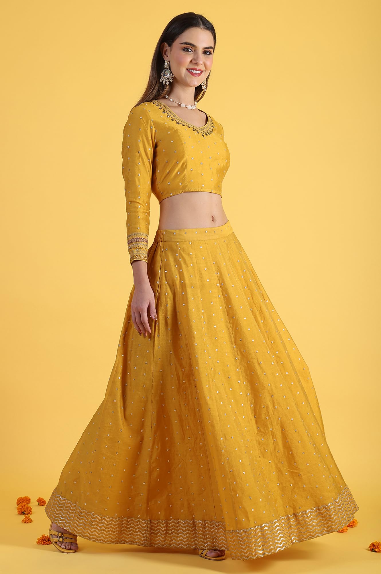 W for Woman Yellow Metallic Embroidery Crop Top & Skirt with Dupatta Set (Size: 3XL)-24AUWS31123-400772