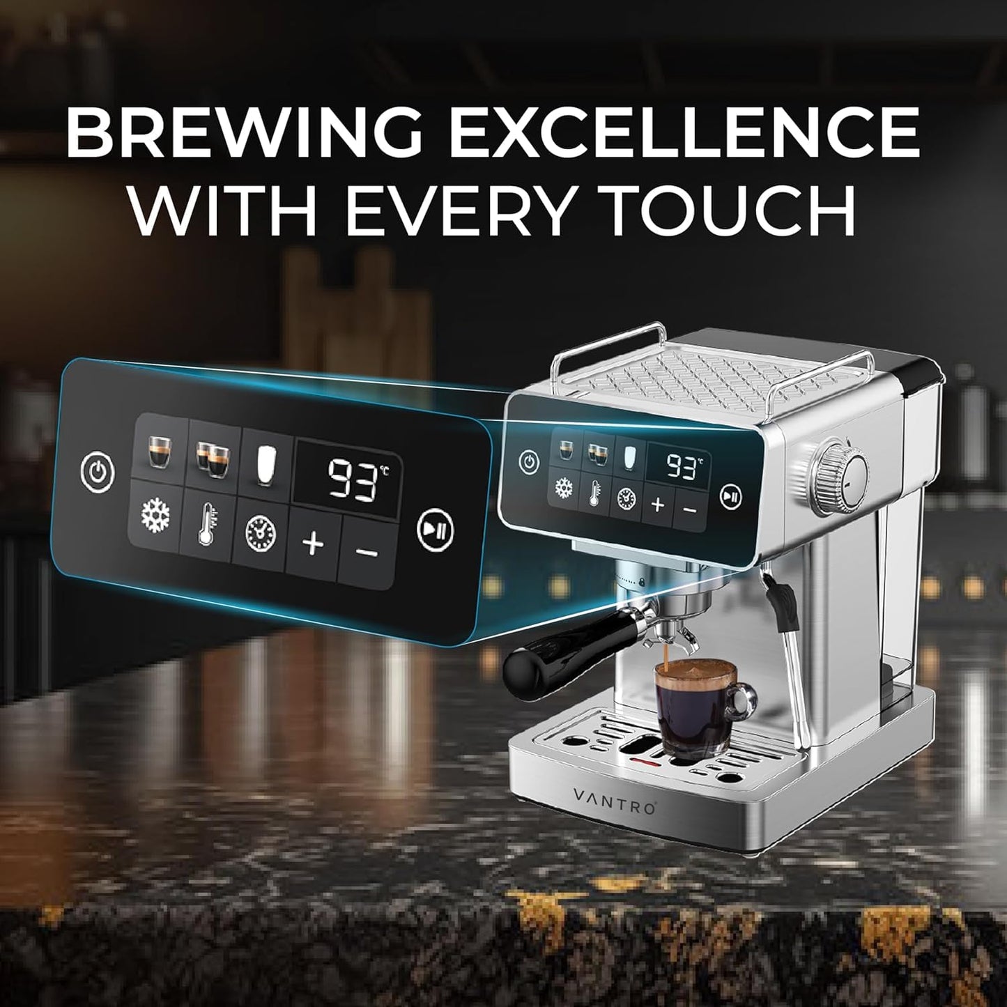VANTRO Espresso Coffee Machine | Stainless Steel Body with Touch Control Panel | 20 Bar Pump | 1500W Powerful Brewing | Adjustable Temperature & Extraction Settings