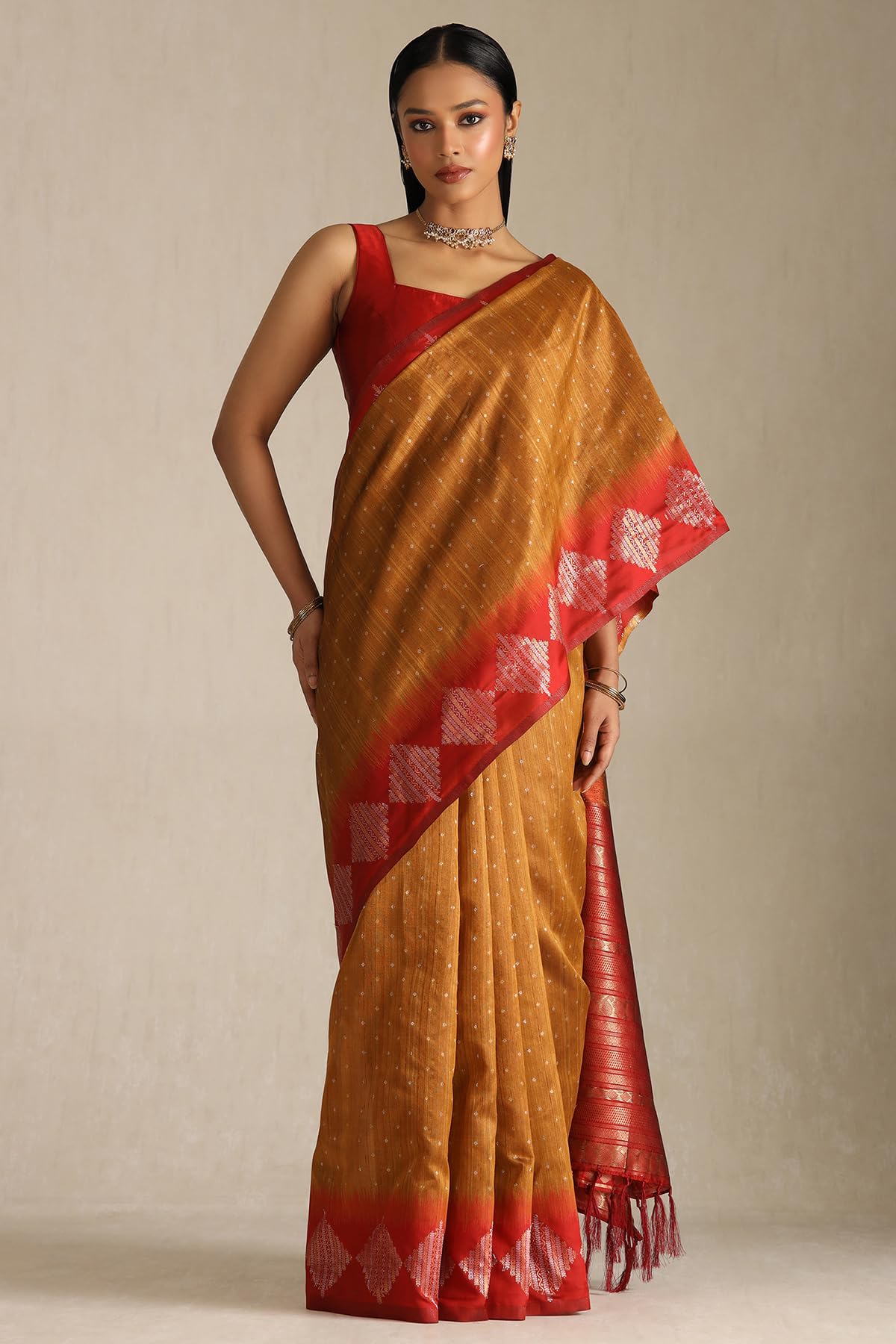 Soch Womens Mustard Tussar Zari Woven Saree With Zari Woven