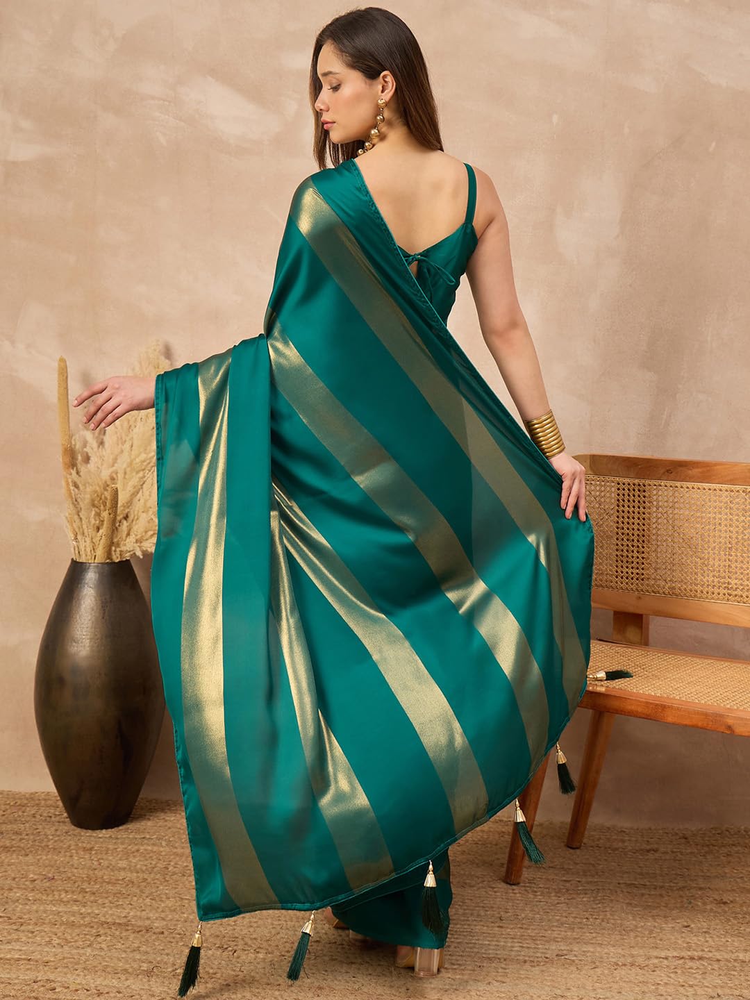 AKHILAM Women's Teal green Satin Foil Print Tassels and Latkans Saree With Unstitched Blouse Piece | saree for woman | Designer Saree for Women | Soft and Skin Friendly (RANI7103_RN)