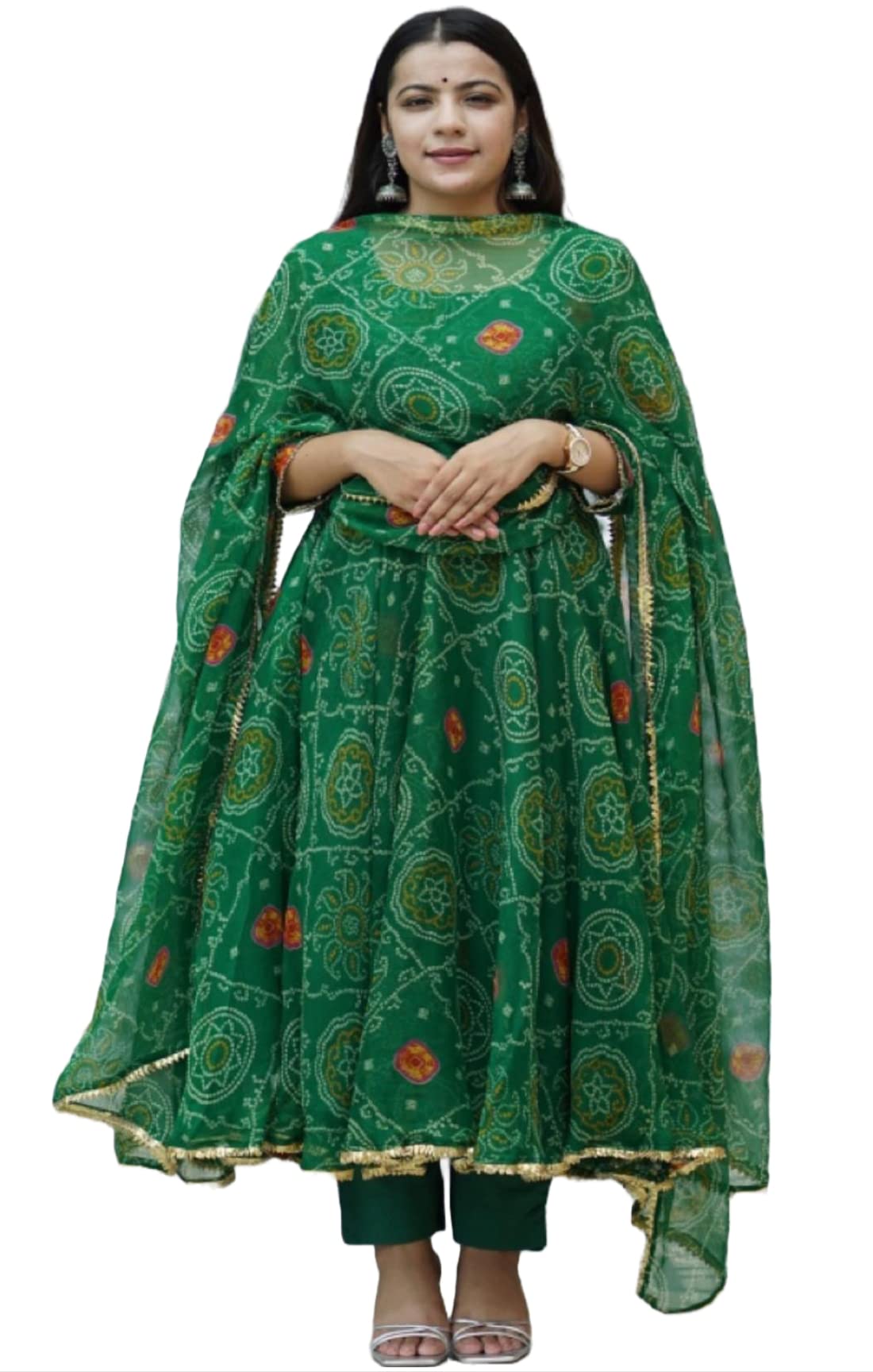GoSriKi Women's Georgette Bandhani Printed Anarkali Kurta and Pant with Dupatta Set (Preeti Green_L-GS_Green_Large)