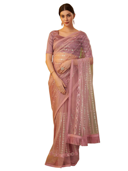 AKHILAM Women's Mauve Net Embellished Lace Work Saree with Unstitched Blouse Piece (AAVYA3501_HV)