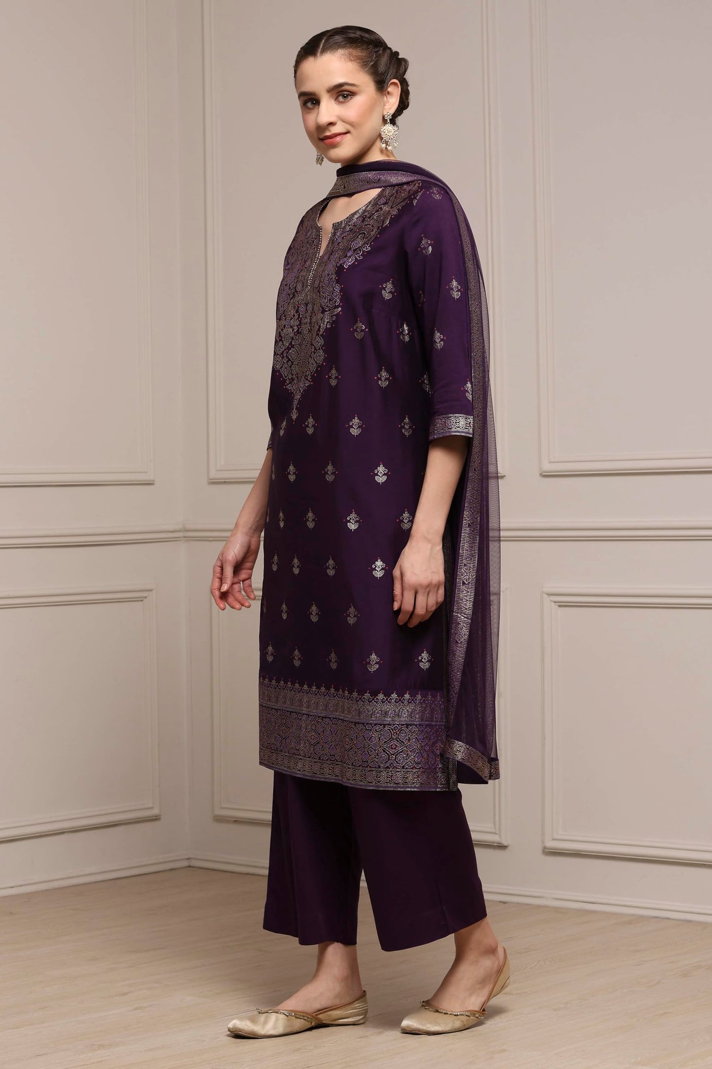 Biba Women's Viscose Rayon Kurta Set (SKDCRFLUX30159AW25PUR_Purple