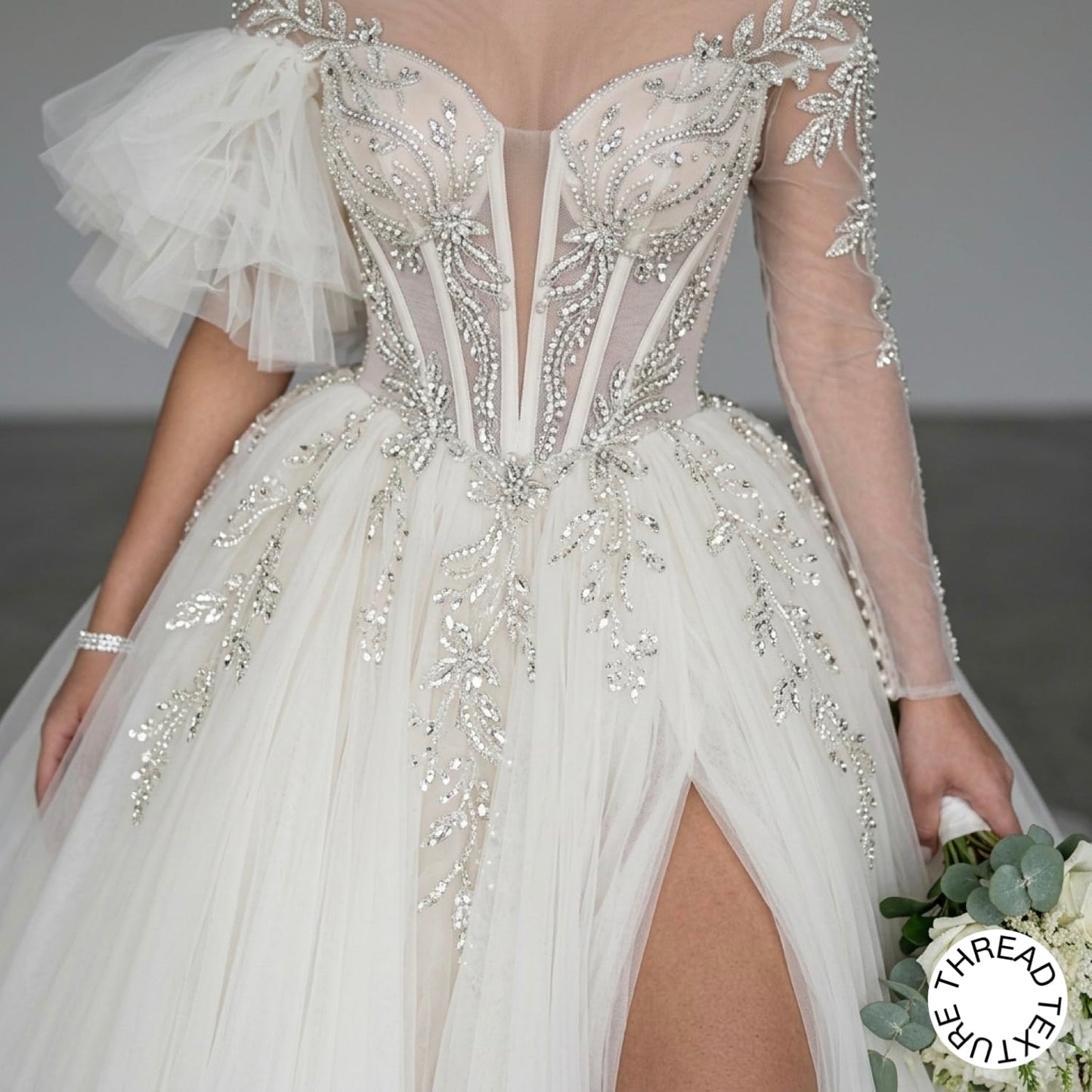 ThreadTexture Women's Luxury Off-the-Shoulder Beaded Wedding Dress Crystal Corset High Slit Bridal Gown (in, Alpha, XS, Regular, White, Designer Shivay)