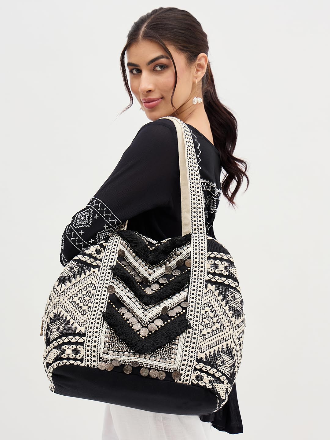 PRIMROSE Boho Beach Tote Bag (Black and Beige)