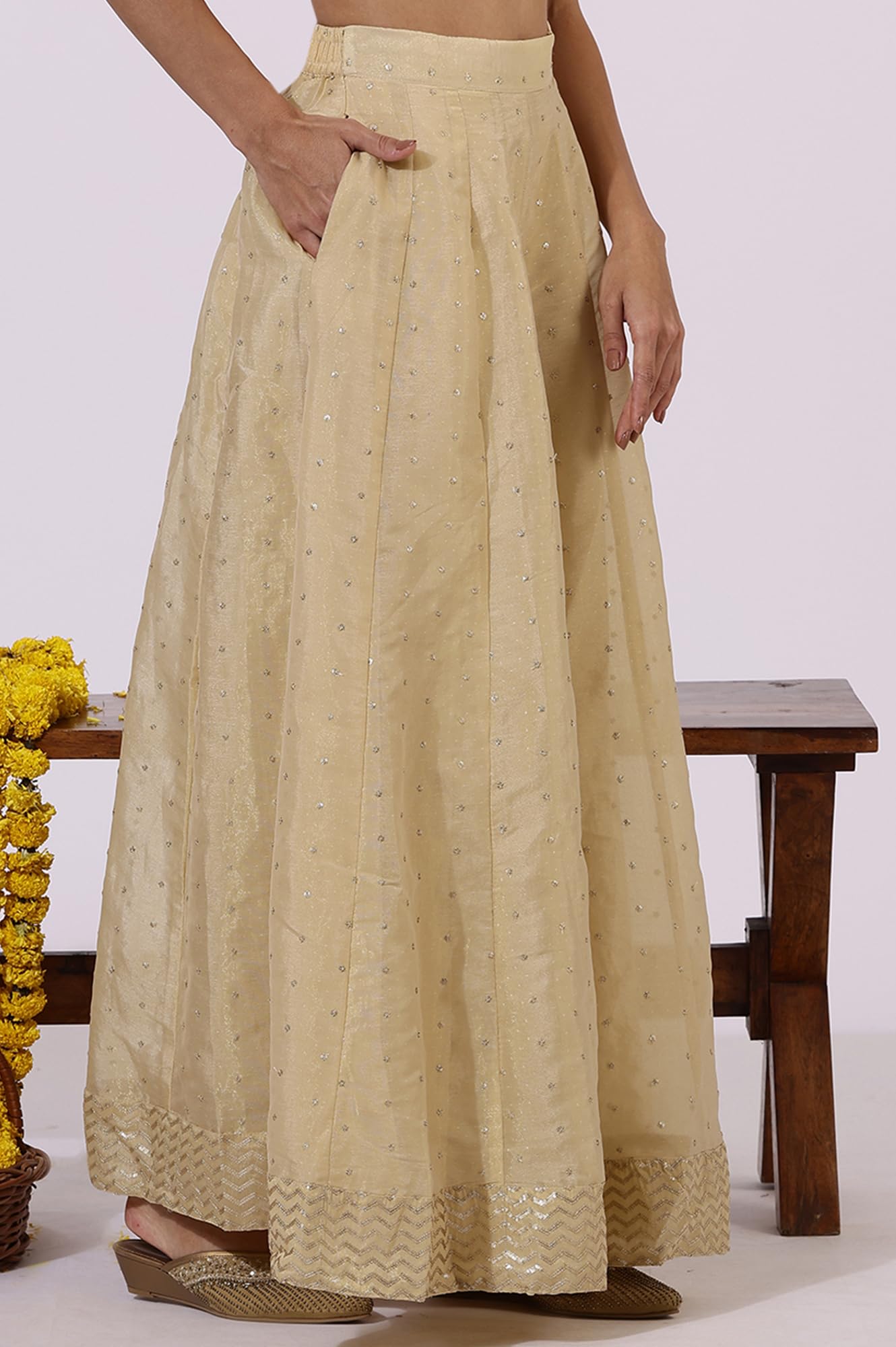 W for Woman Gold Solid Sequins Flared Woven Skirt (W50501-400770-S)