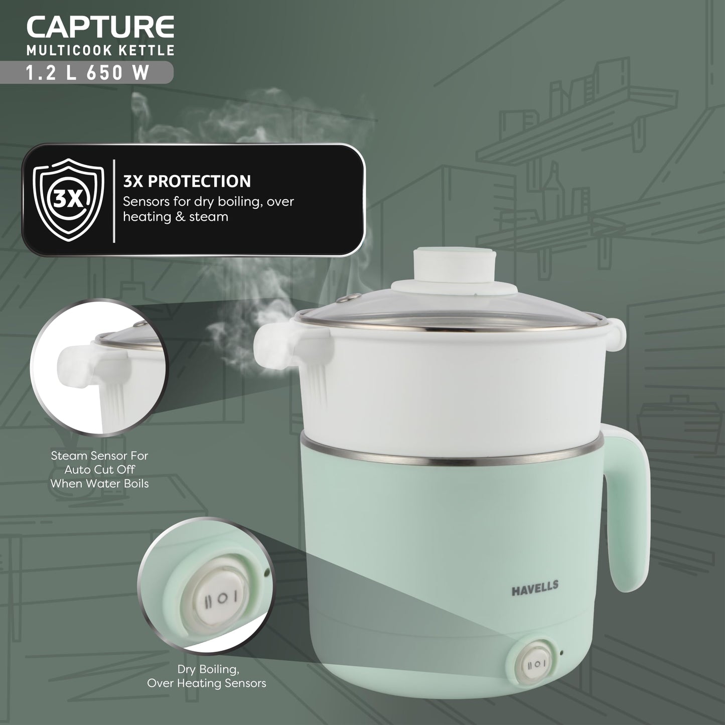 Havells Capture 1.2 L Multi-Cook Electric Kettle with Steamer | 650W |304 Stainless Steel Inner Body|Cooks Noodles, Rice, Milk | Cool-Touch Body | 2-Year Warranty (Green)