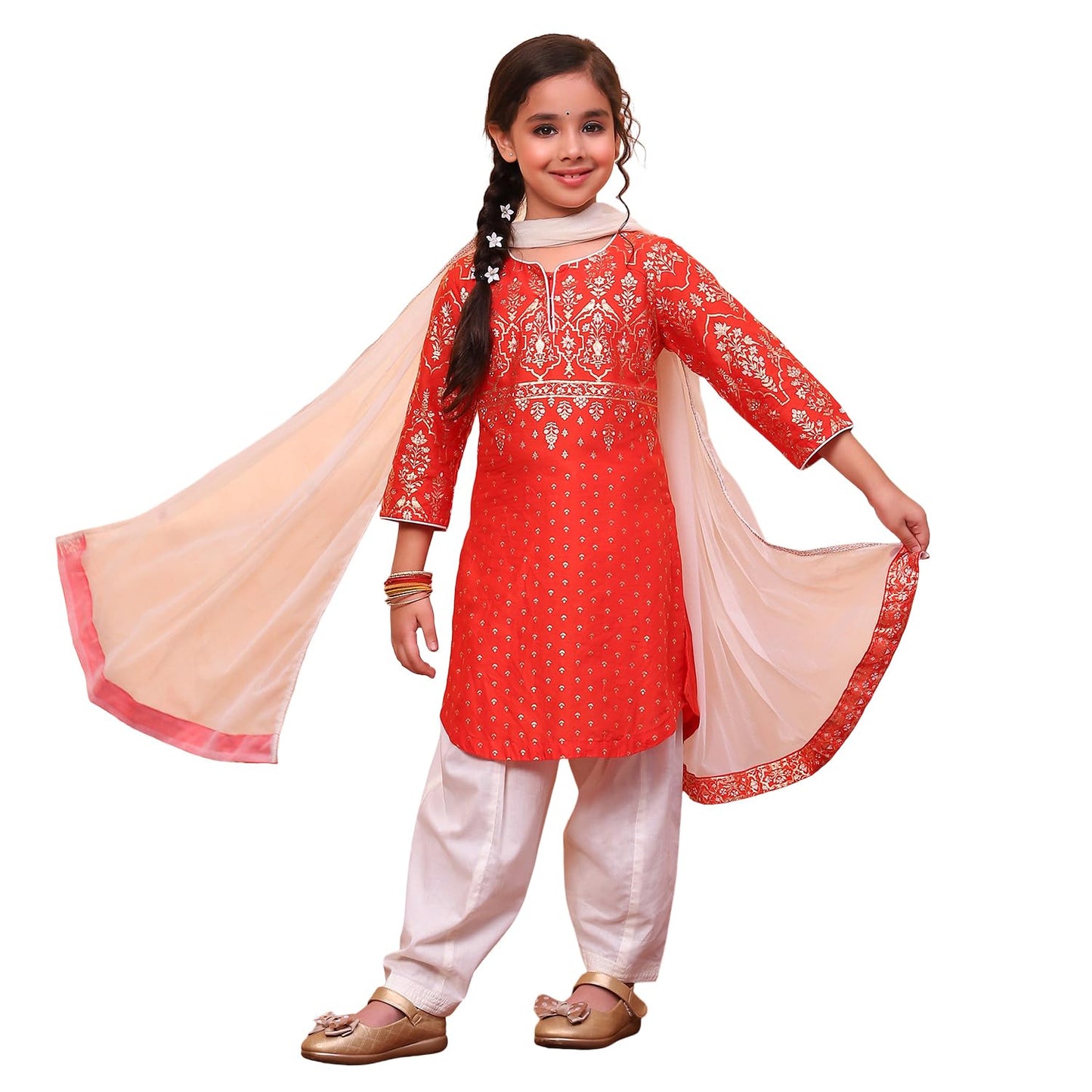 BIBA Girls Orange Straight Cotton Printed Kurta suit set