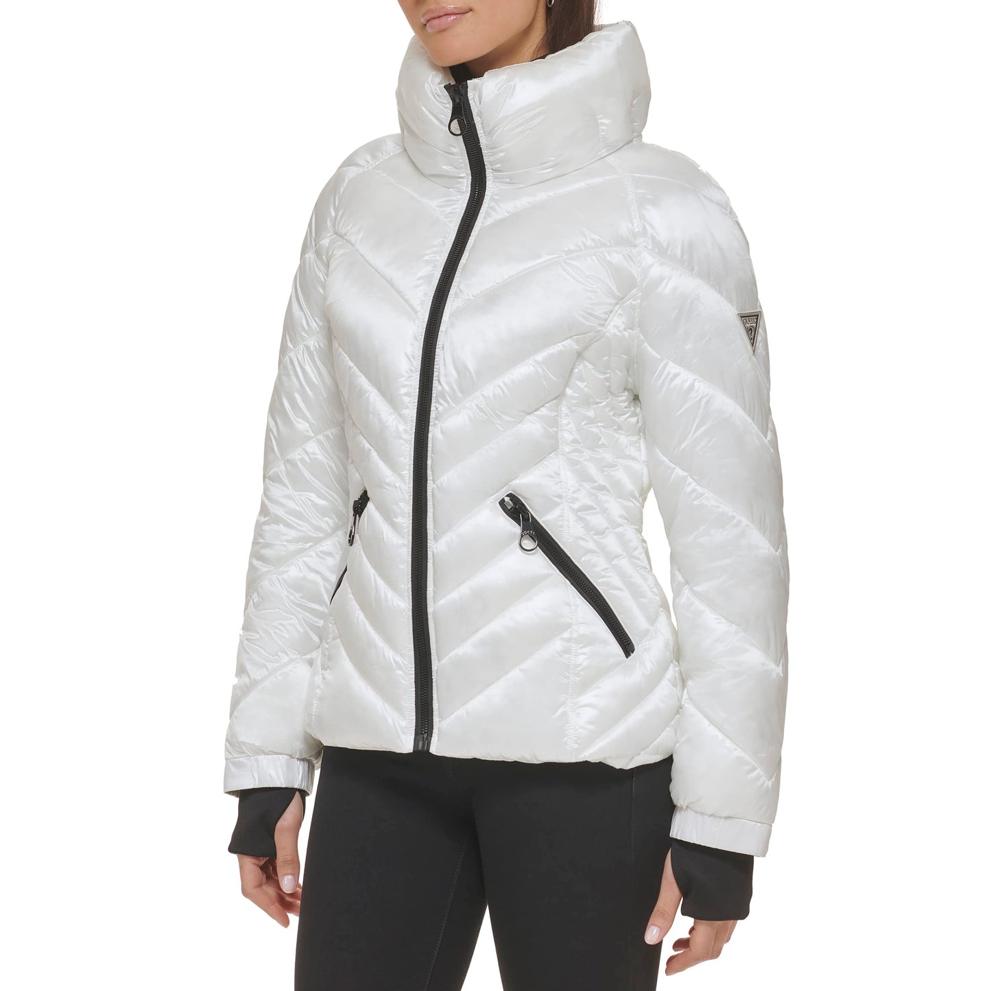 GUESS Women's Belted Softshell Jacket with Hood, White, S