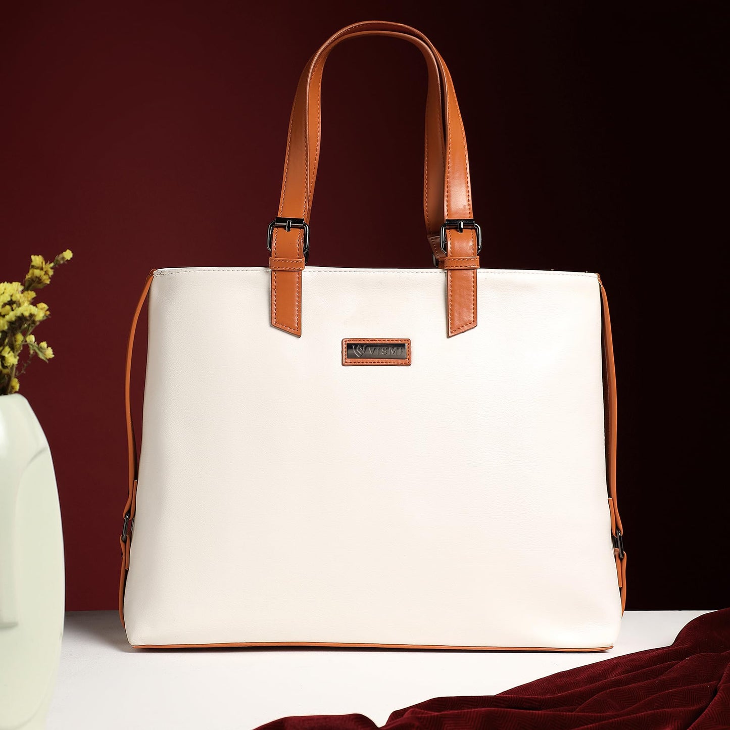 VISMIINTREND Vegan Leather Tote Shoulder Bags for Women Office Use, Fits Upto 15.6 Inch Macbook Laptops, Work/Travel/College Bag, Stylish Ladies Totes Purse Handbag, Gifts for Wife/Sisters (White)