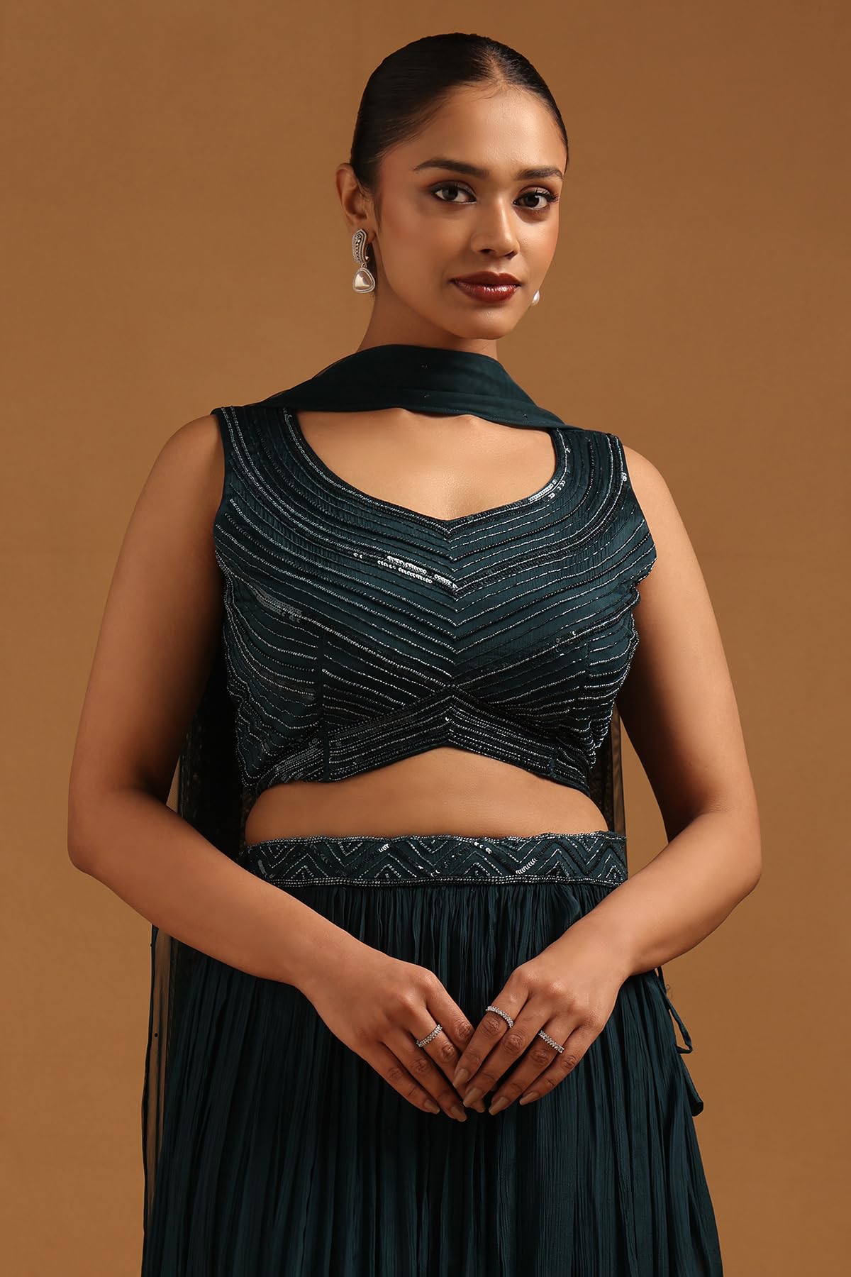 Soch Womens Teal Chinon Embellished Lehenga Choli With Sequins