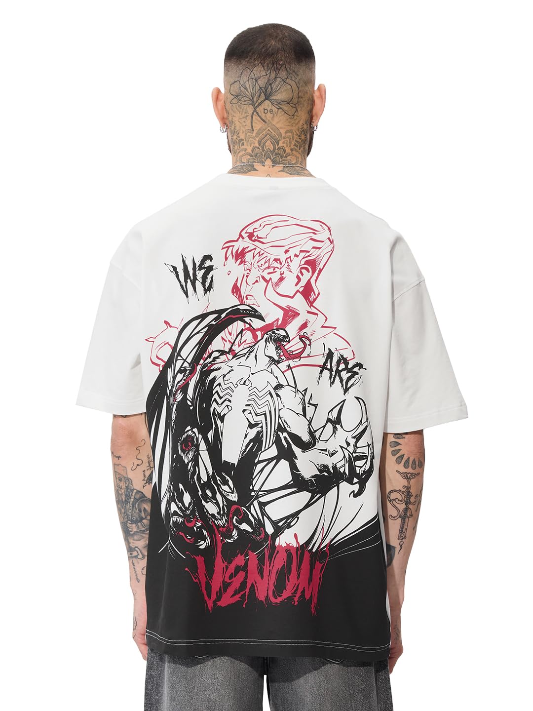 The Souled Store Official Marvel: Eddie Brock Oversized T-Shirt for Men Boys Cotton Casual Half Sleeves Baggy Loose Fit Drop Shoulder Round Neck White