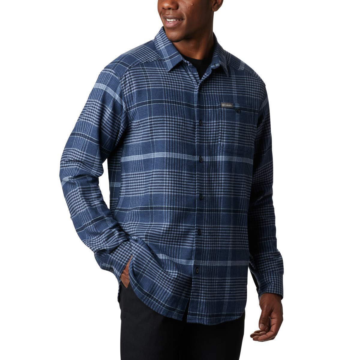Columbia Mens Cornell Woods Flannel Long Sleeve Shirt, Night Tide Square Plaid, M