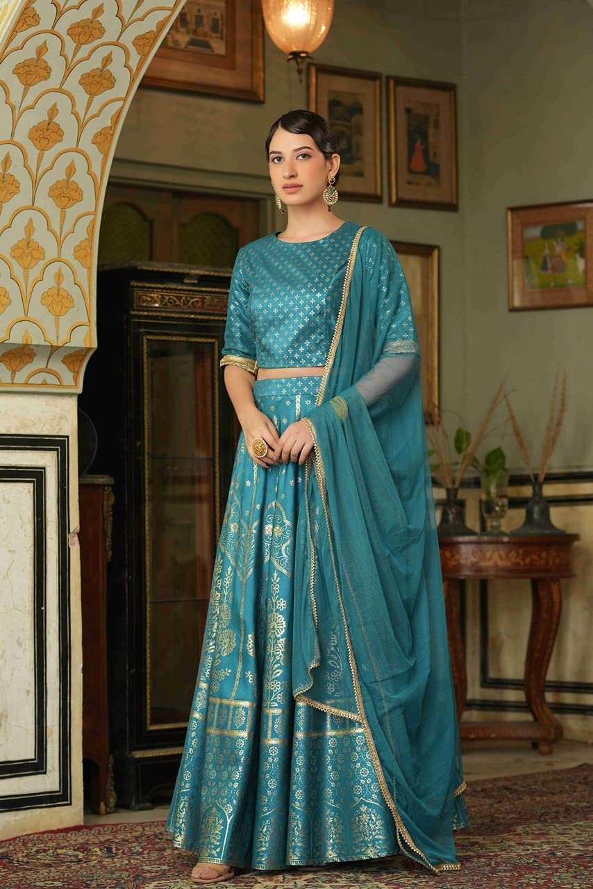 Juniper Women's Teal Santoon Slub Festive Foil Printed Straight Lehnga Choli Set -XXL