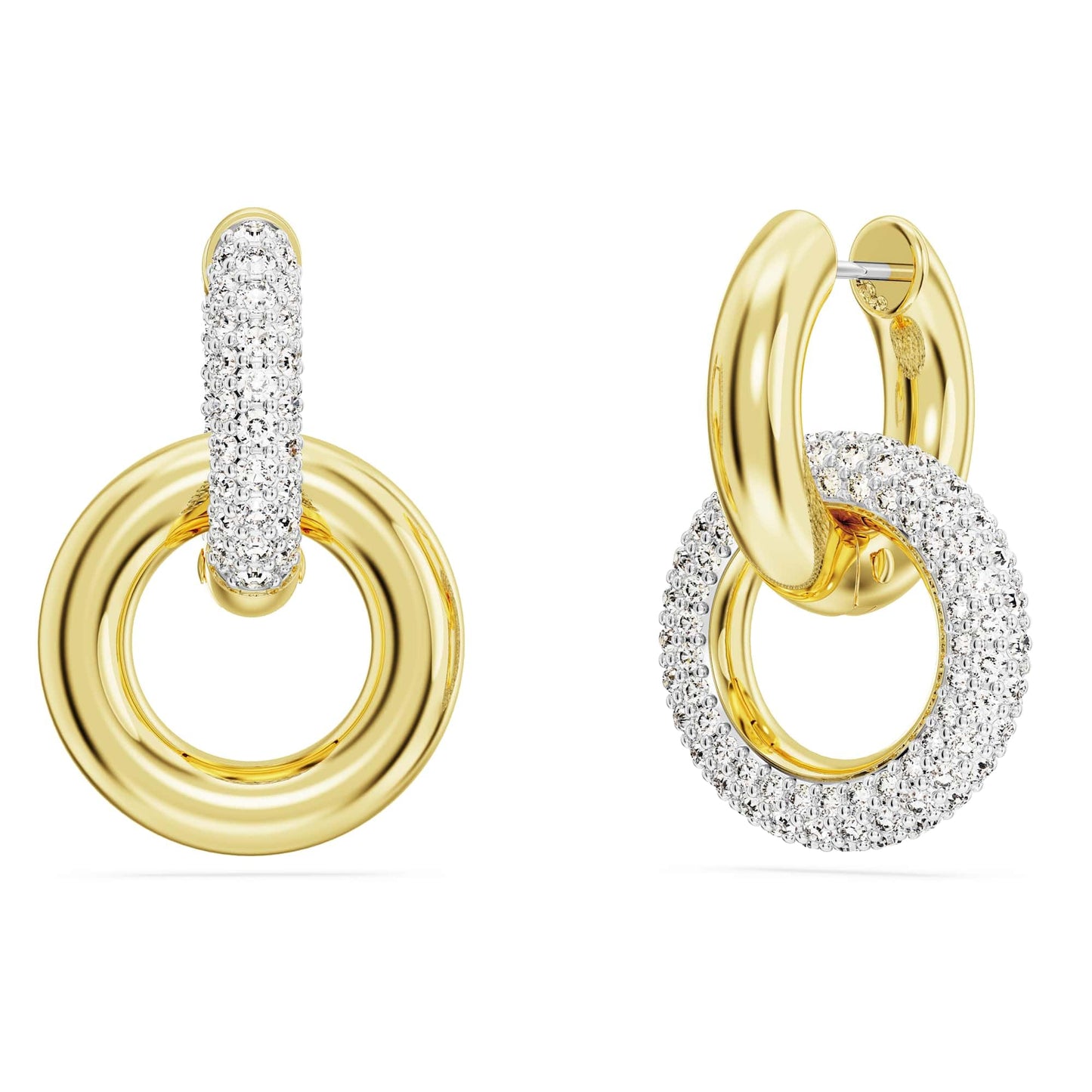 Swarovski Dextera hoop earrings, Asymmetrical design, Interlocking loop, White, Gold-tone plated