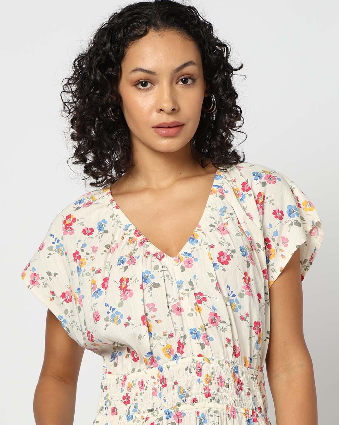 GAP Women Floral Short Sleeves V- Neck A-Line Dress,Multi,XS Multicolour