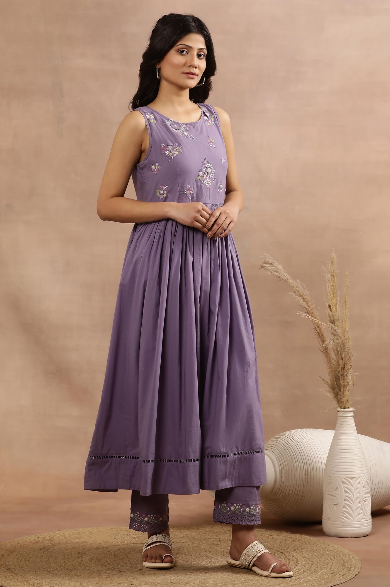 W for Woman Purple Embroidered A-line Kurta, Pants and Printed Dupatta Set (Size: 3XL)-24FEWS11008-221864