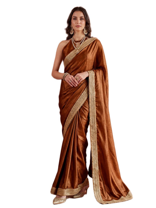 SIRIL Women's Chinnon Silk Gota Lace Saree with Unstitched Blouse Piece (5016S194A_Copper)
