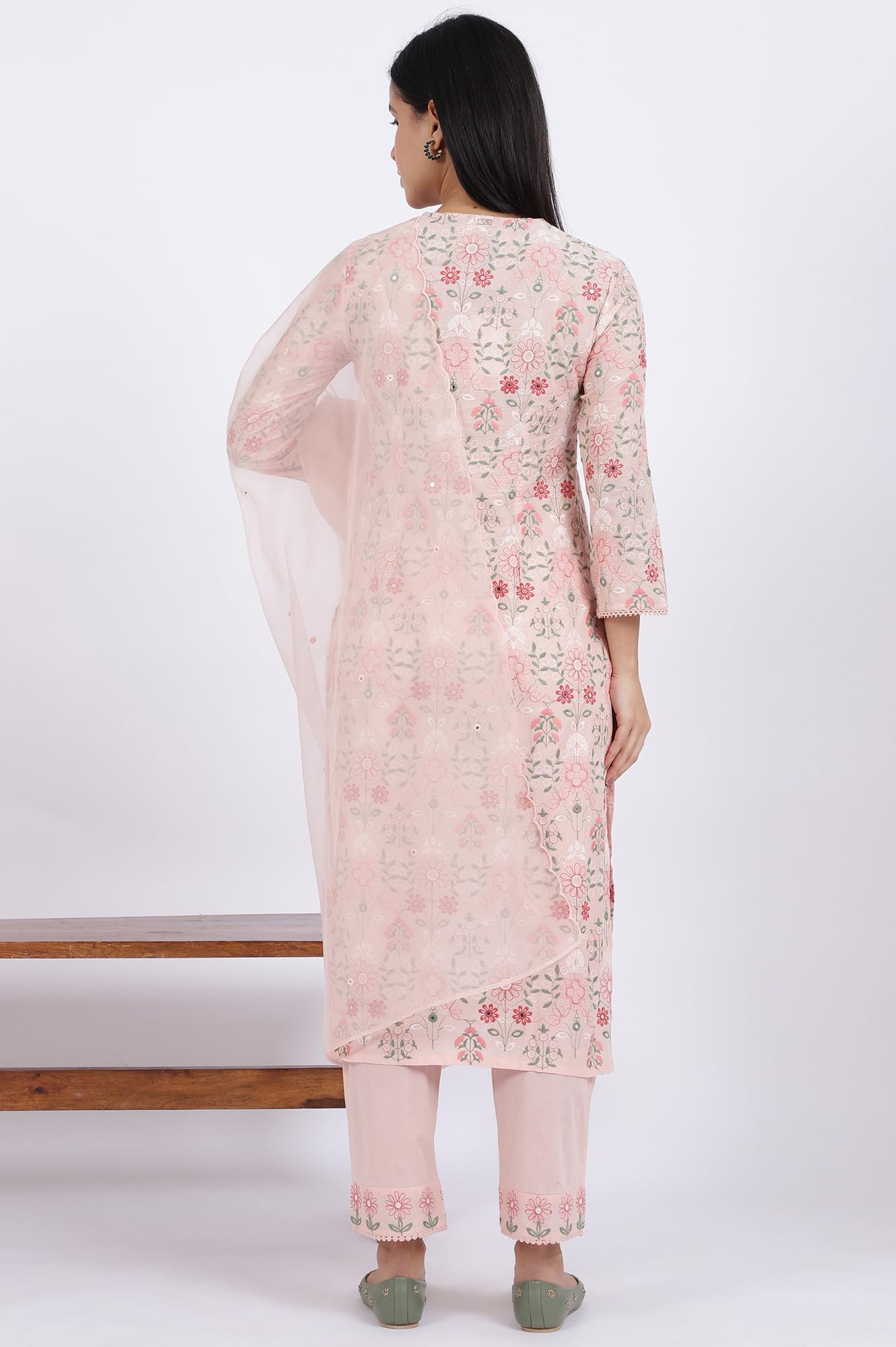 W for Woman Embroidered Lace Pure Cotton Straight Kurta & Straight pant with Dupatta Set (Size: M)-WS12421-400788