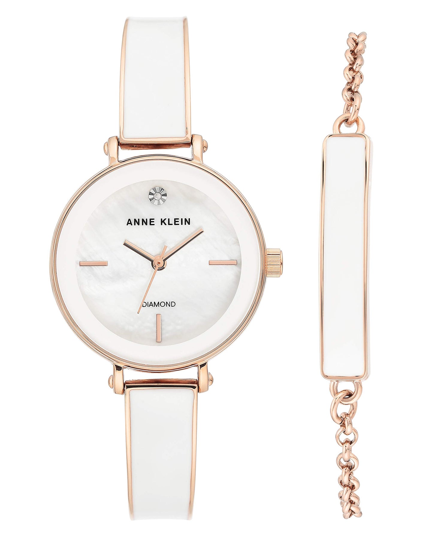 Anne Klein Women's Genuine Diamond Dial Rose Gold-Tone with Bracelet Set, Rose Gold/White