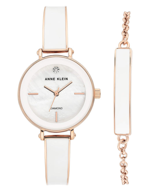 Anne Klein Women's Genuine Diamond Dial Rose Gold-Tone with Bracelet Set, Rose Gold/White