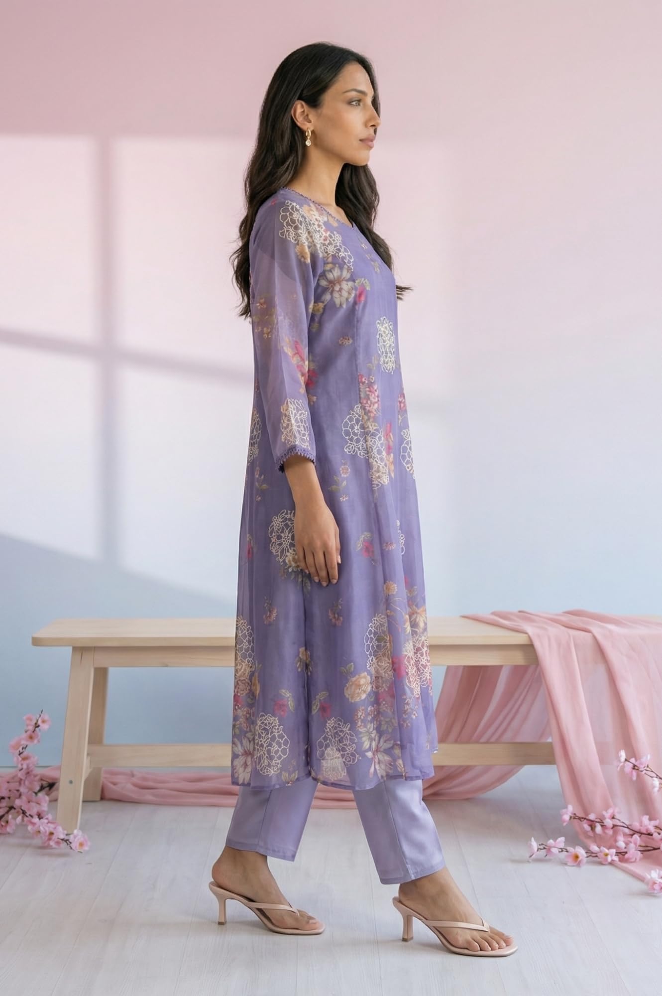 W for Woman Purple Thread Embroidered Organza Straight Kurta with Straight Pants and Dupatta Set - (WS13874-401170-3XL)