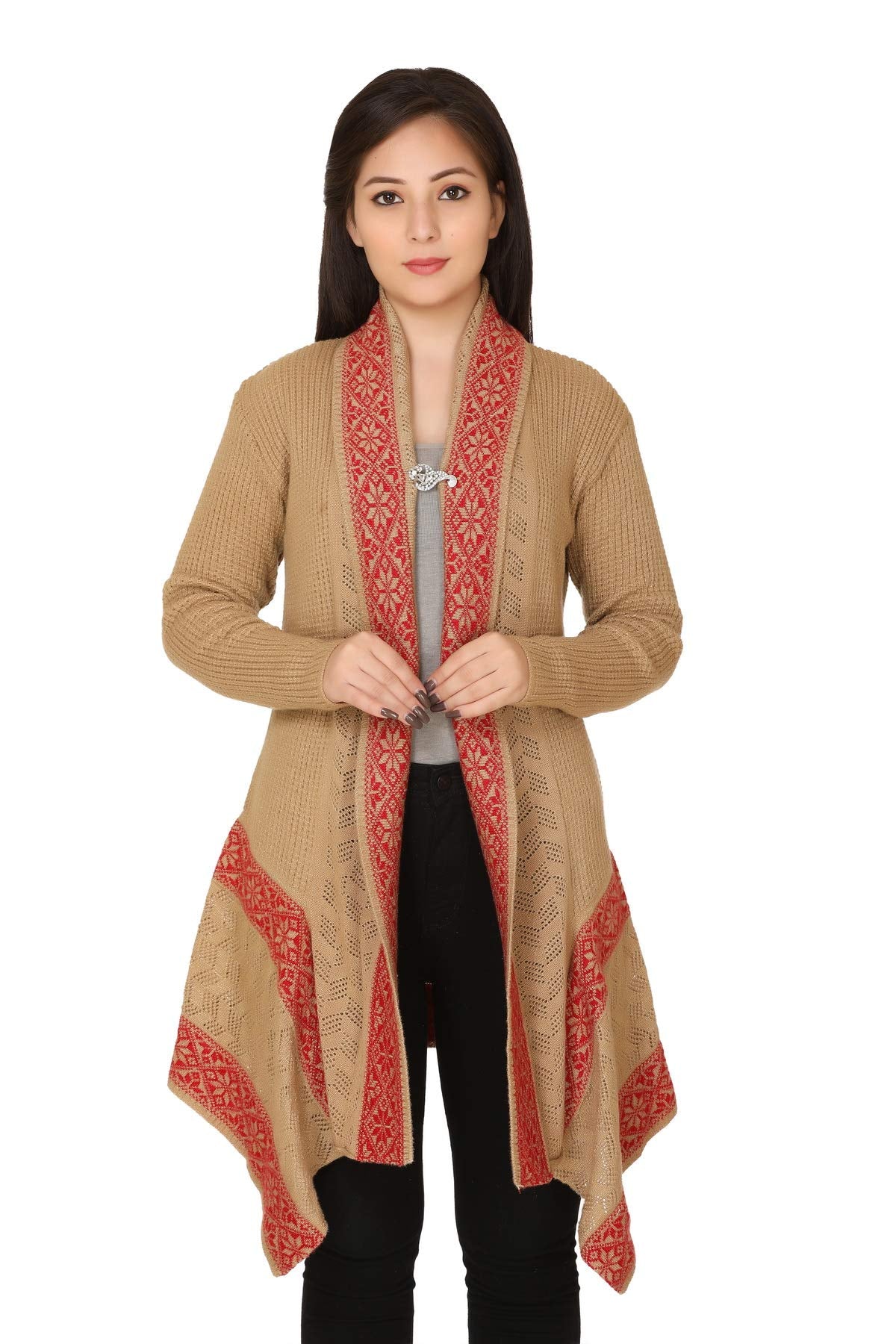 PIPASA Women Ladies Girls Winter Wear Woolen Open Front Hem Long Sleeves Shrug Top Designer Woolen Sweater Shrug Cardigan (Freesize), Red