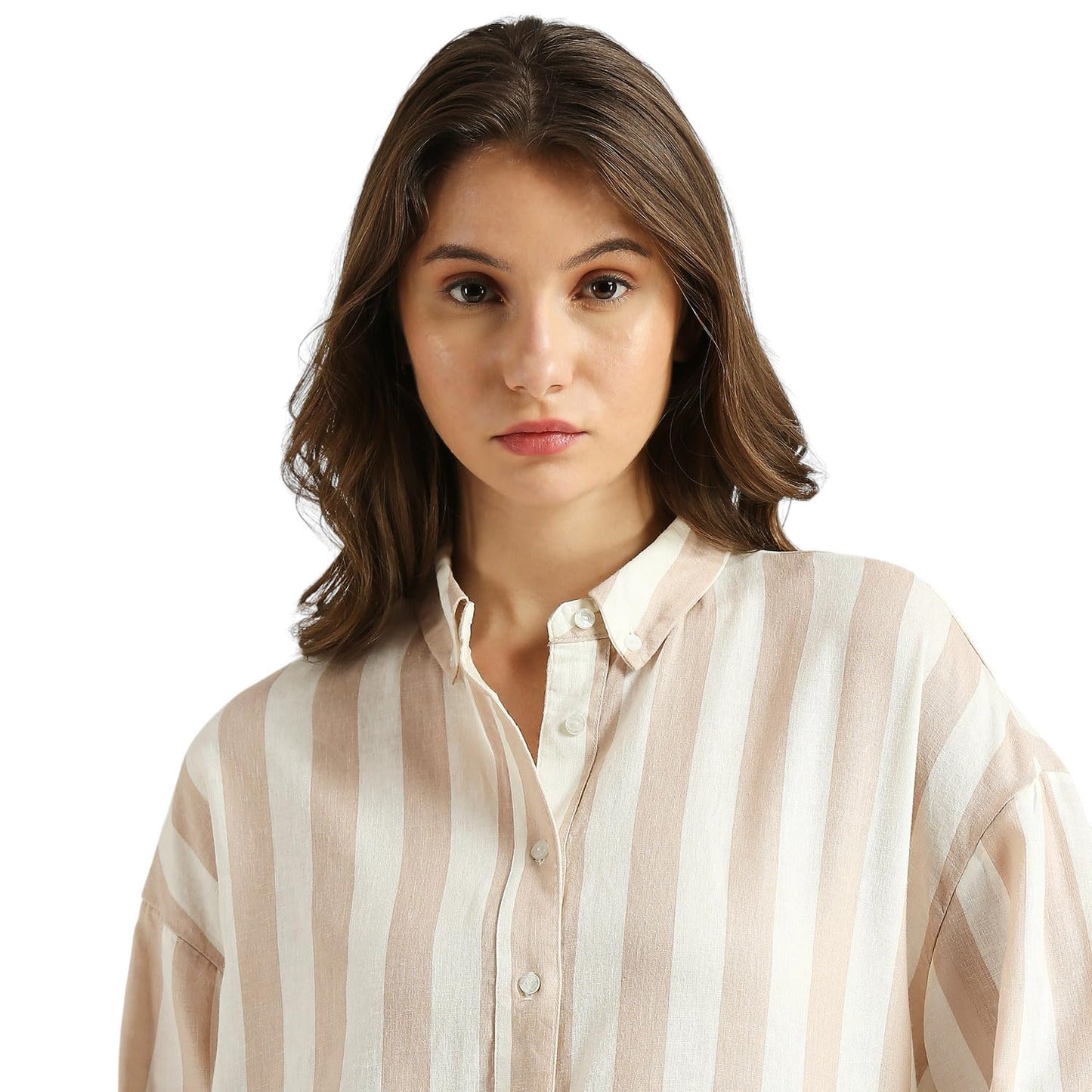 Pepe Jeans Women's Striped Relaxed Fit Shirt (PL304899_Beige