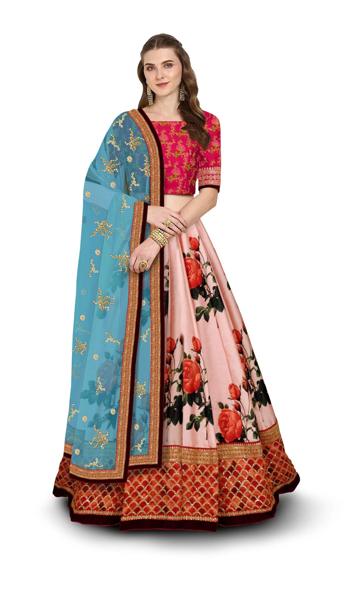 Zeel Clothing Women's Faux Silk Semi stitched Lehenga Choli (7002_Pink_Free Size)