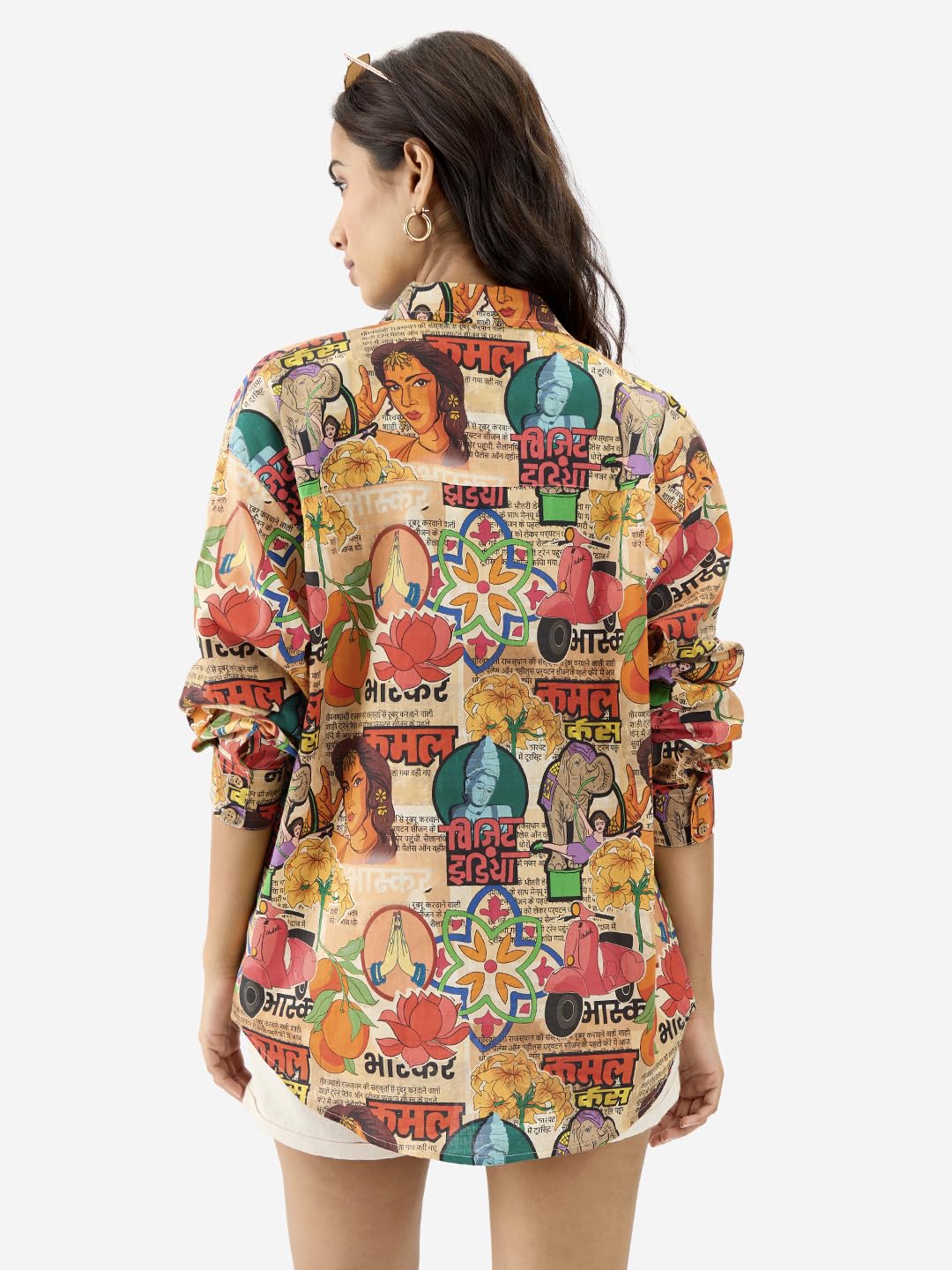 The Souled Store Indian Retro Women and Girls Long Sleeve Collared Neck Button Down Multicolor All Over Printed Boyfriend Shirts with Drop Shoulder and Oversize Fit