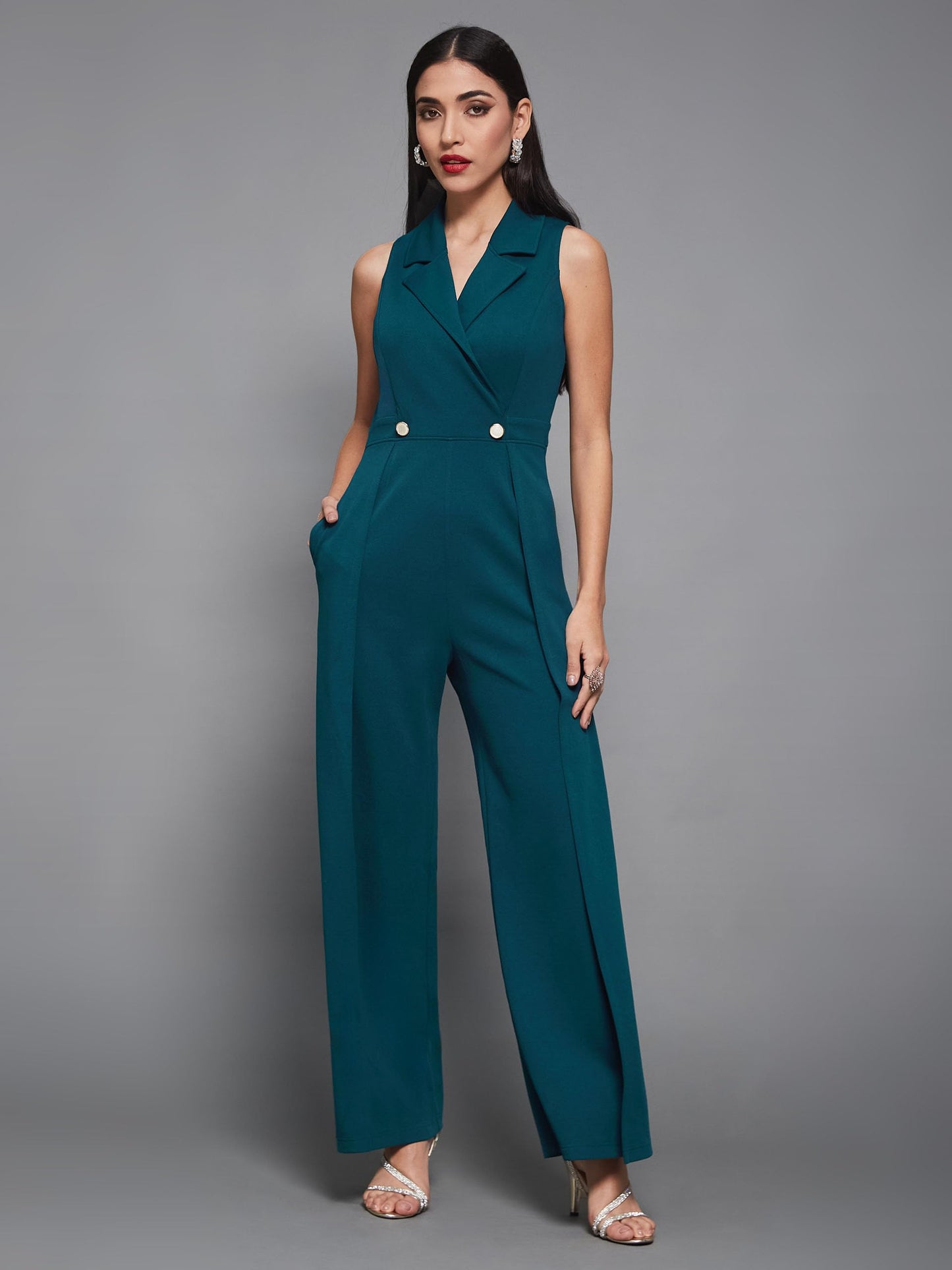 Miss Chase Women's Notched Collar Sleeveless Wrap Regular-Length Jumpsuit (MCSS25D93-84-487-03, Peacock Teal, S)