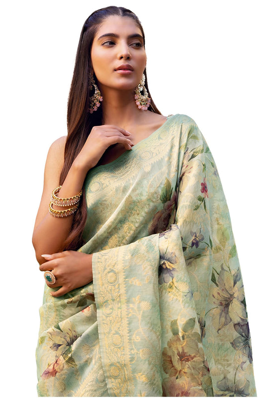 Soch Womens Sap Green Chanderi Floral Print Saree With Zari Woven