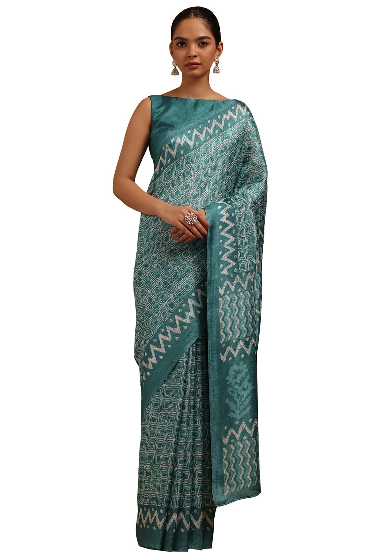 Soch Womens Turquoise Blue Art Silk Geometric Print Saree