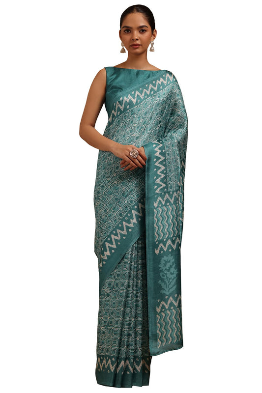 Soch Womens Turquoise Blue Art Silk Geometric Print Saree