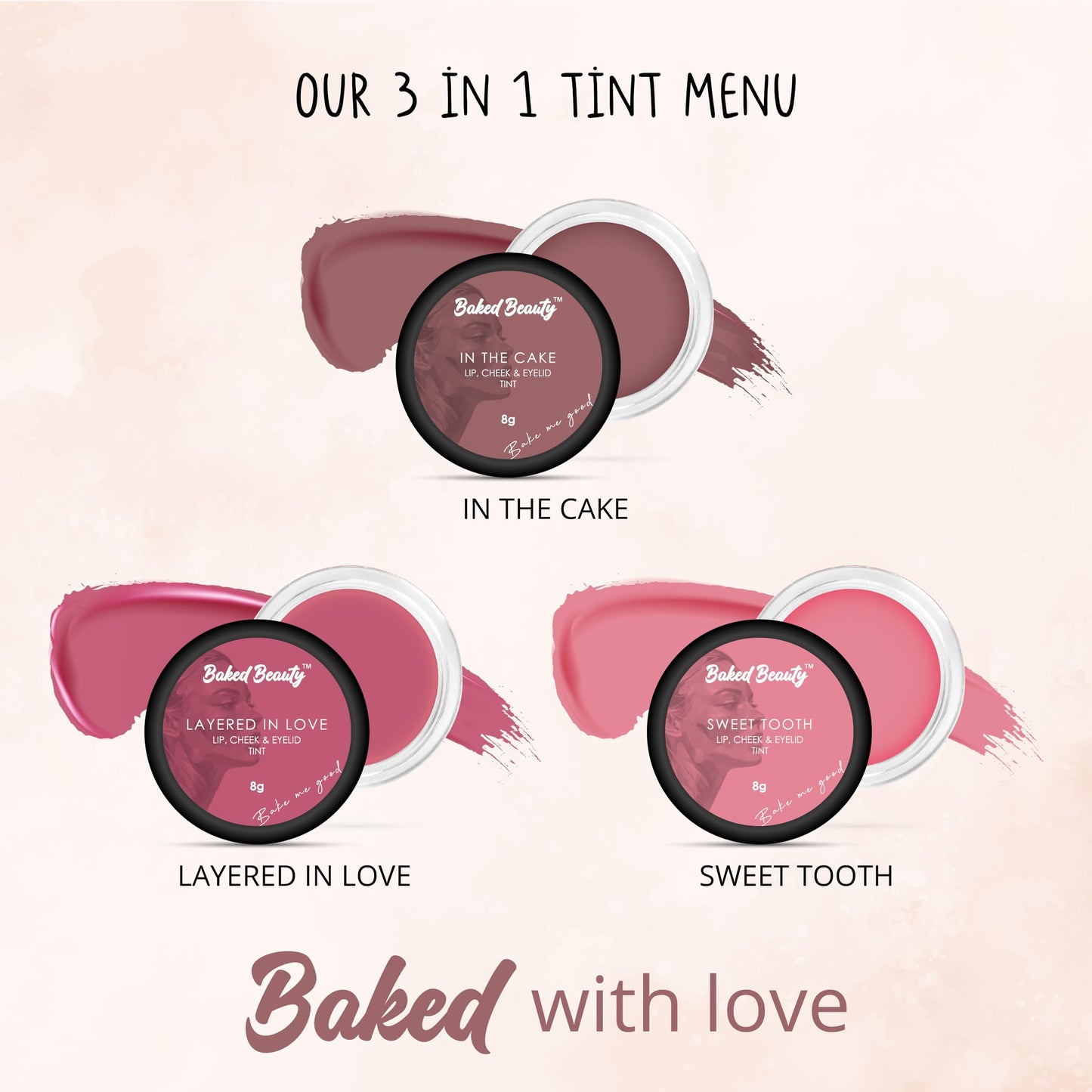 Baked Beauty In The Cake Tint Lip and Cheek Tint (8g) | Eyelid Tint for Girls | With Richness of Vitamin E & Shea Butter | Mousse Concept & Velvet Feel | Creamy Lightweight & Easily Merge with Lips & Skin