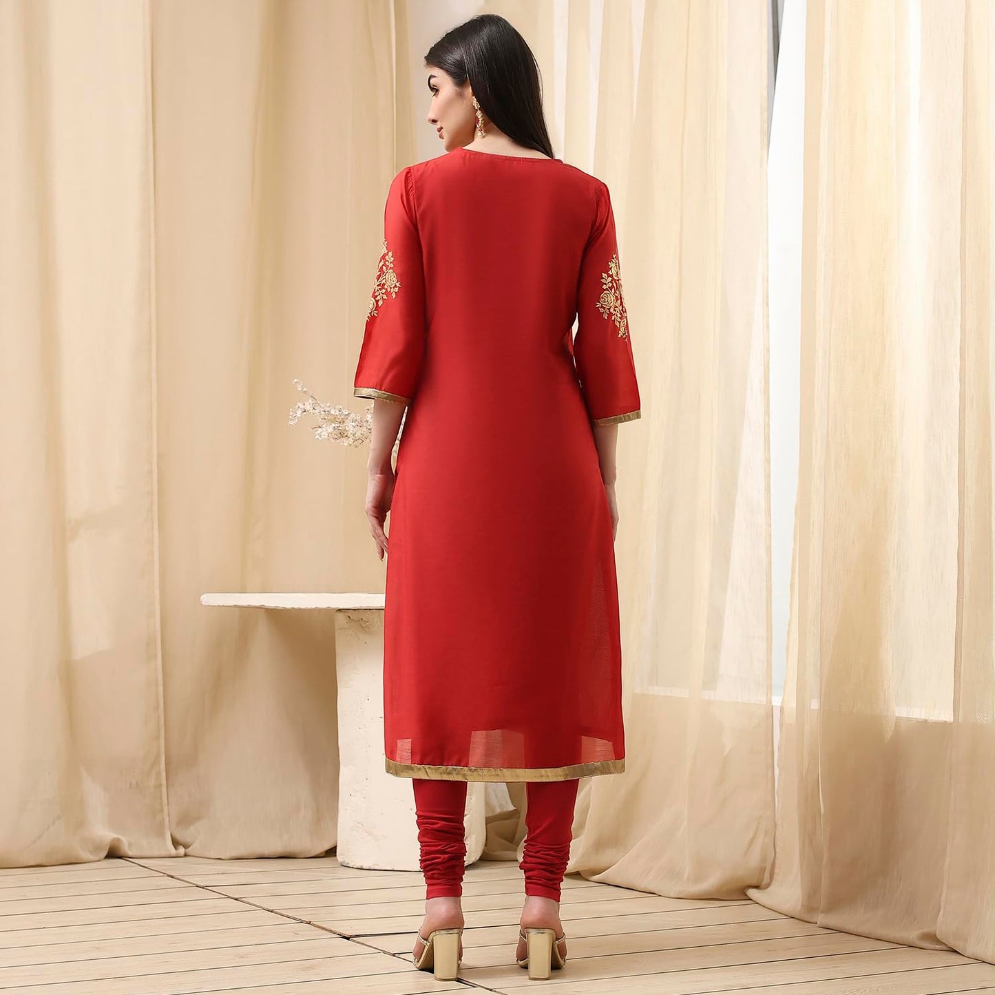 Biba Women's Poly Chanderi Kurta Set (SKDASRT7716ESS25RED_Red