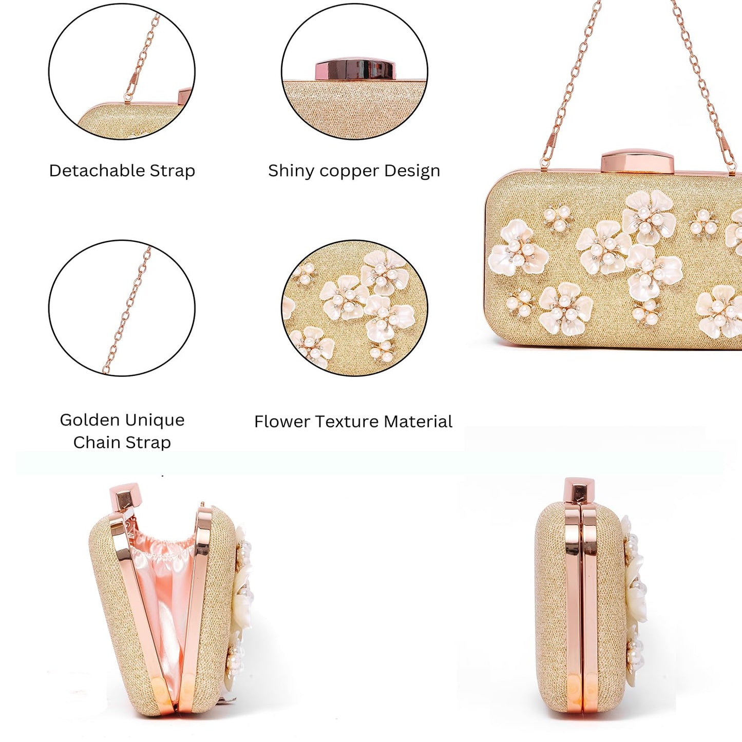INOVERA (LABEL) Women's Glitter Floral Rhinestone Beaded Evening Party Clutch Wedding Bag Wallet (Rose Gold)