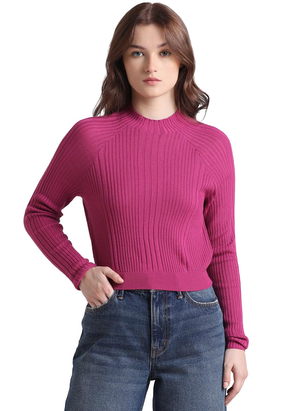 ONLY Women's Acrylic High Neck Pullover Sweater (15323379-Festival Fuchsia_Festival