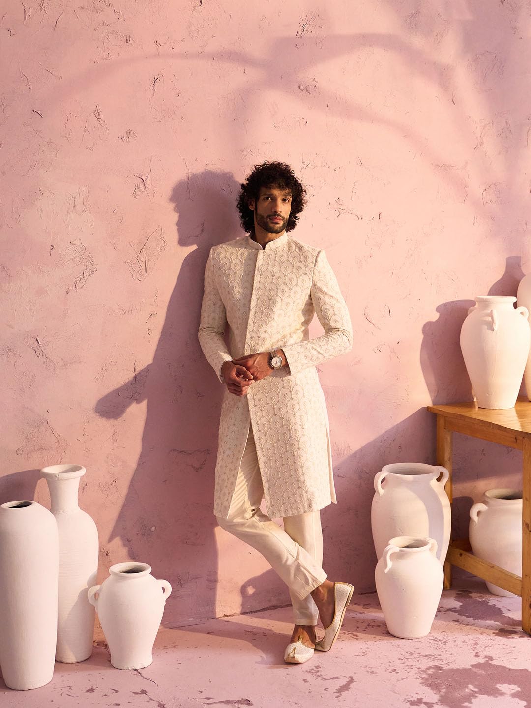VASTRAMAY Men's Cream Georgette Sherwani Set_VSHRMIW237CRnPANT002CR_40